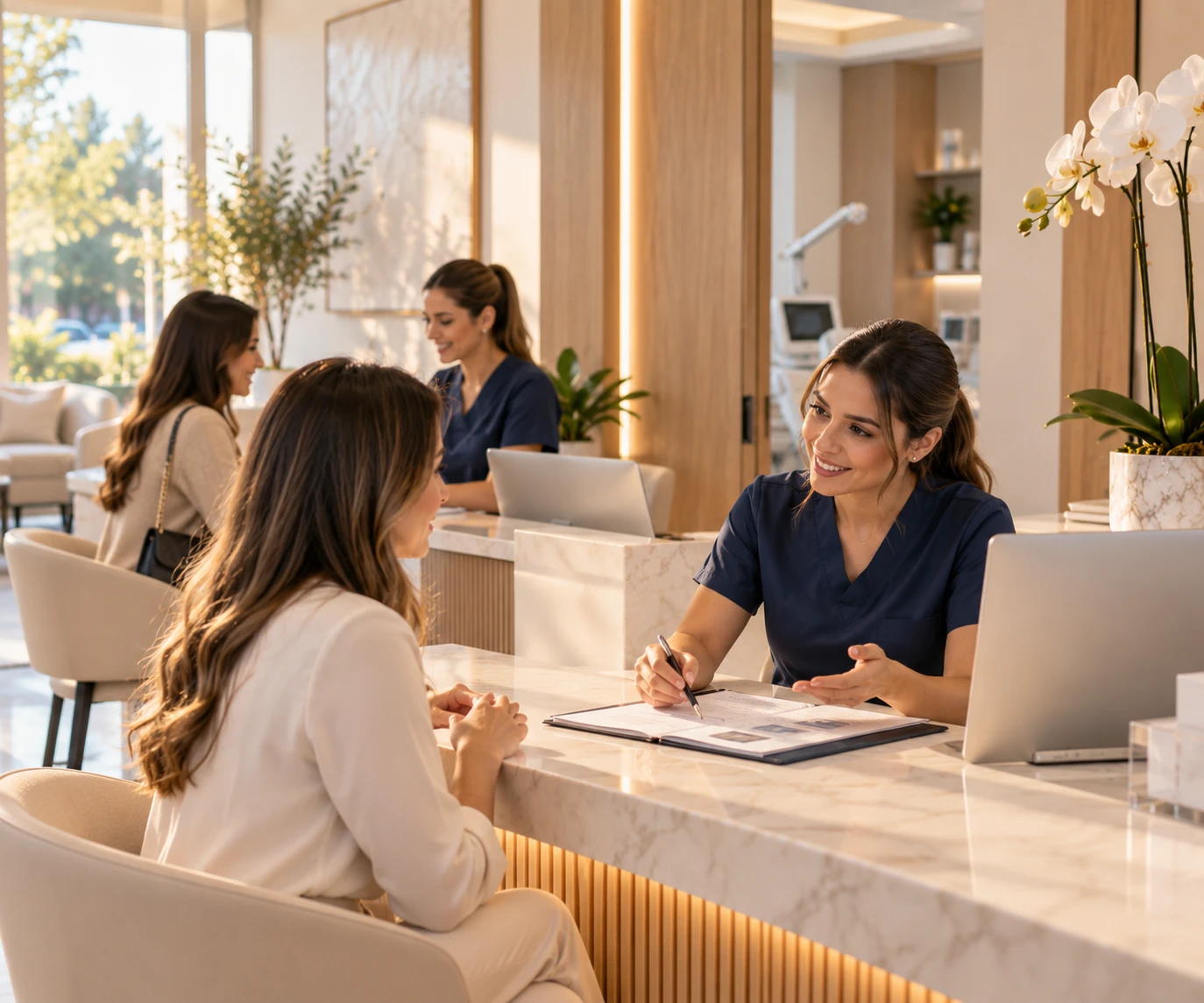 Recepcionista atendiendo a una paciente en la recepción de una clínica dermatológica
