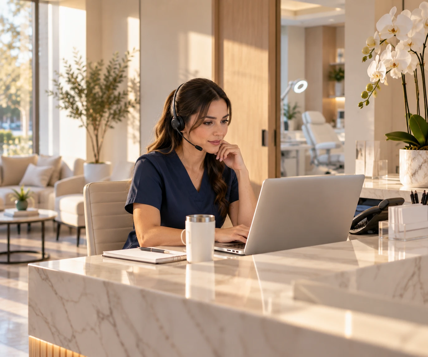 Recepcionista con diadema revisando su lista del día en la laptop