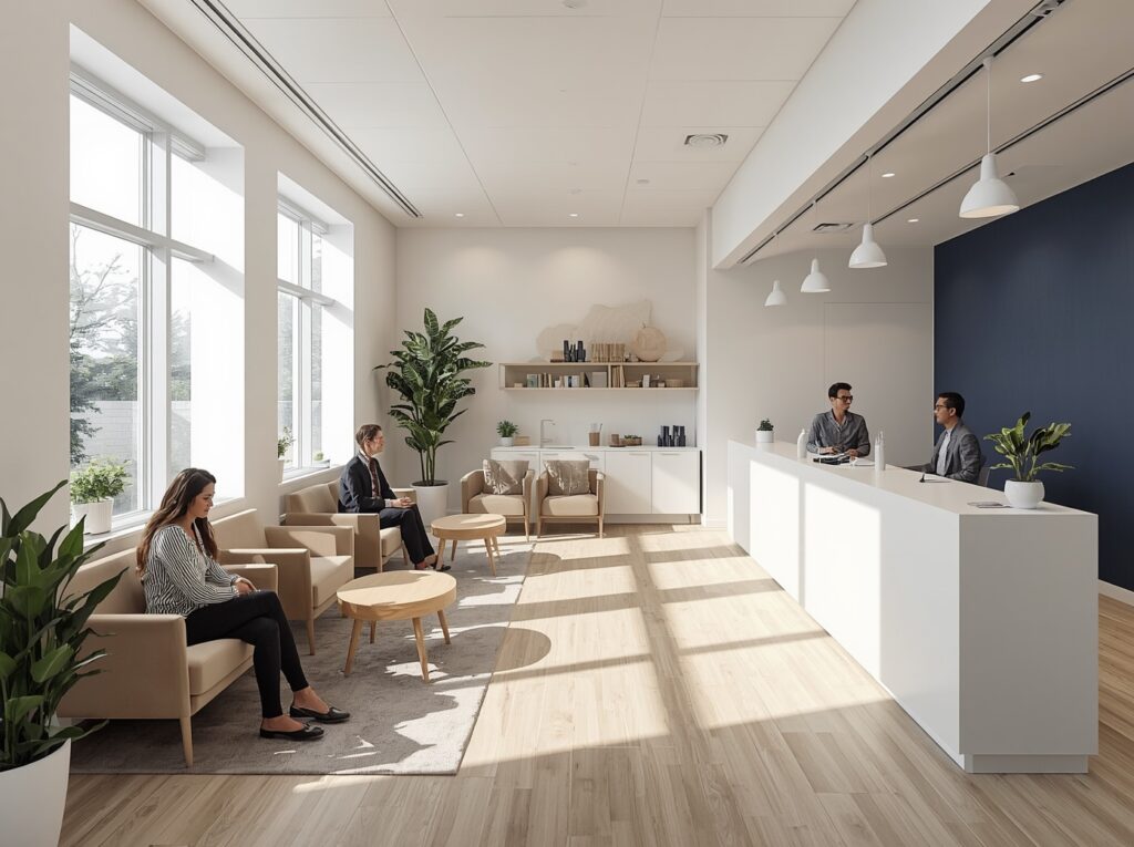 Sala de espera y recepción de una clínica estética
